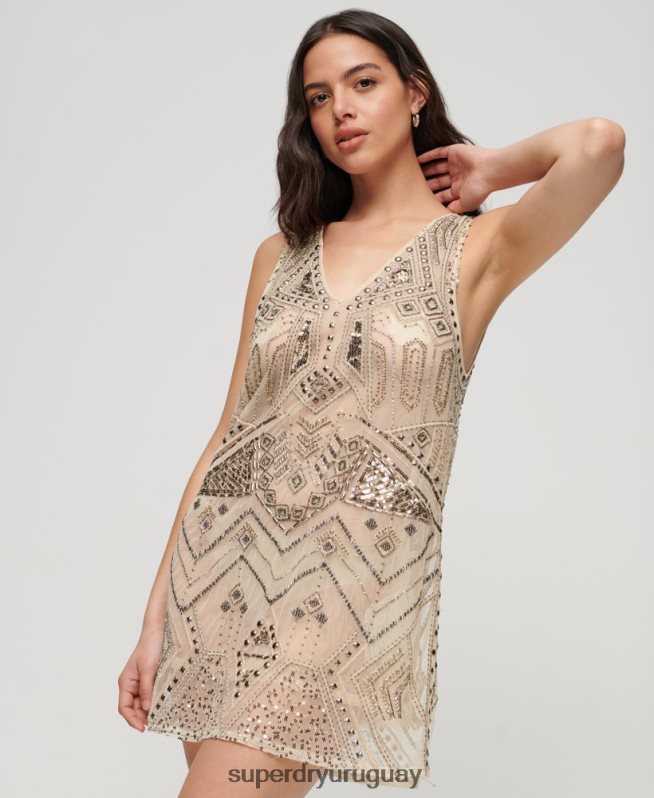 uy Superdry mujer vestido corto con cuello en V y detalles crema DT2N8Z2114 ropa