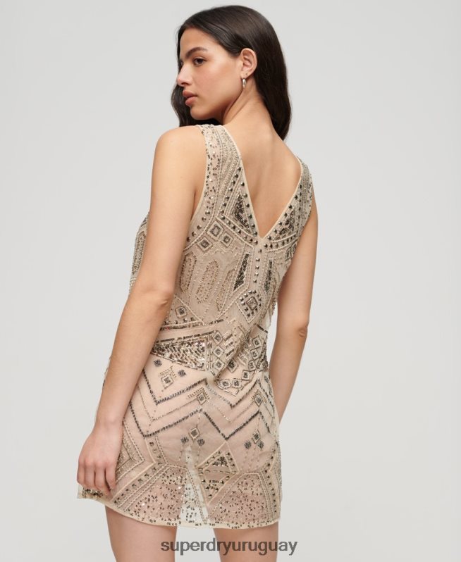 uy Superdry mujer vestido corto con cuello en V y detalles crema DT2N8Z2114 ropa