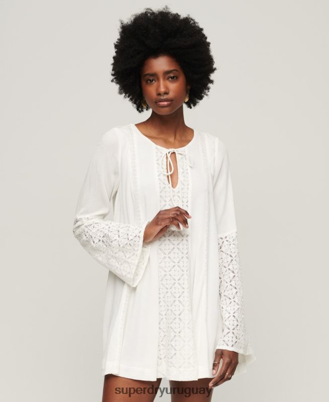 uy Superdry mujer vestido corto con mangas acampanadas y encaje crema DT2N8Z2079 ropa