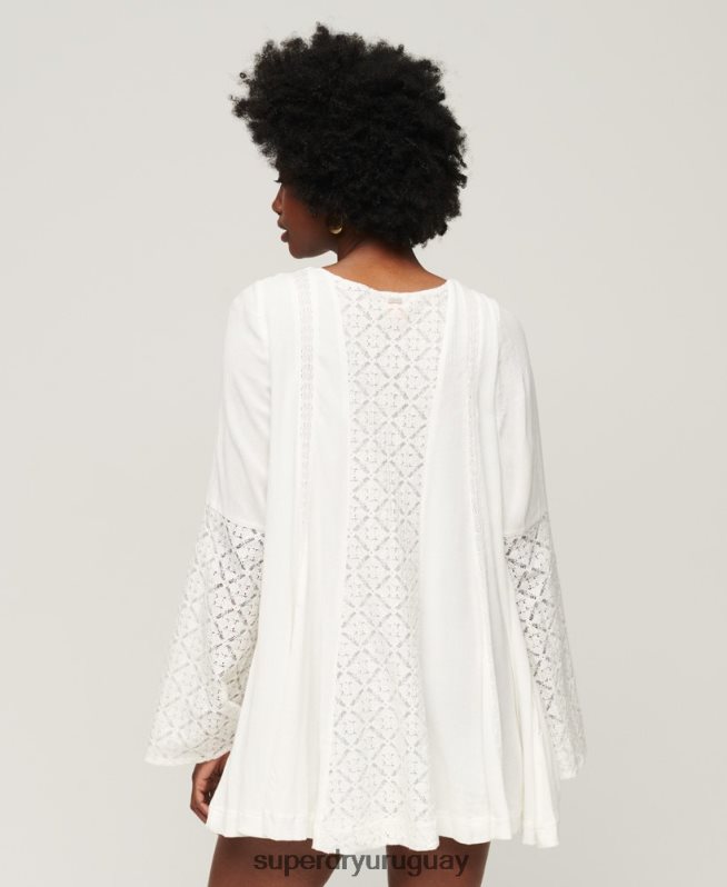 uy Superdry mujer vestido corto con mangas acampanadas y encaje crema DT2N8Z2079 ropa