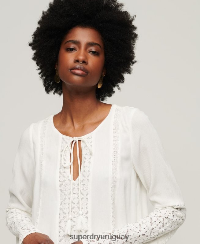 uy Superdry mujer vestido corto con mangas acampanadas y encaje crema DT2N8Z2079 ropa