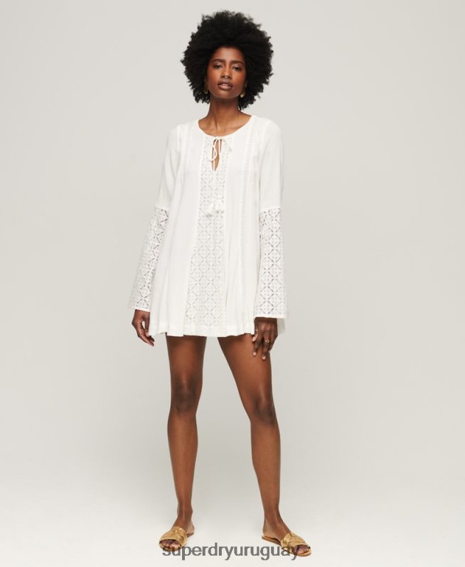 uy Superdry mujer vestido corto con mangas acampanadas y encaje crema DT2N8Z2079 ropa