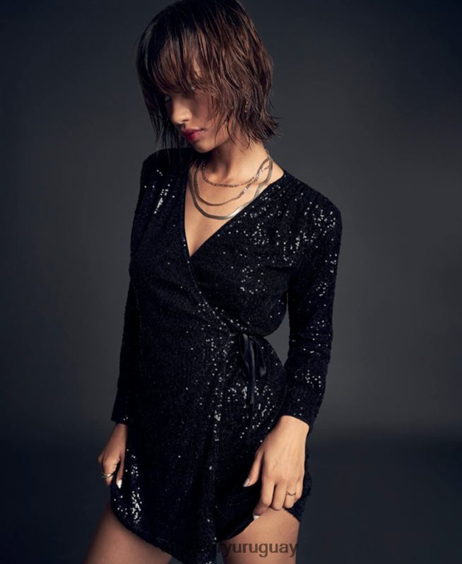 uy Superdry mujer vestido corto cruzado con mangas y lentejuelas negro DT2N8Z2446 ropa