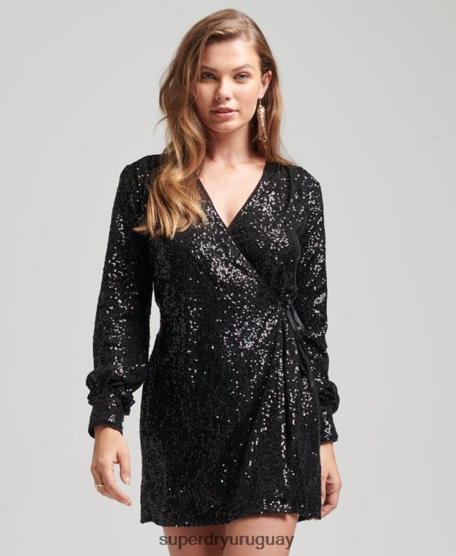 uy Superdry mujer vestido corto cruzado con mangas y lentejuelas negro DT2N8Z2446 ropa