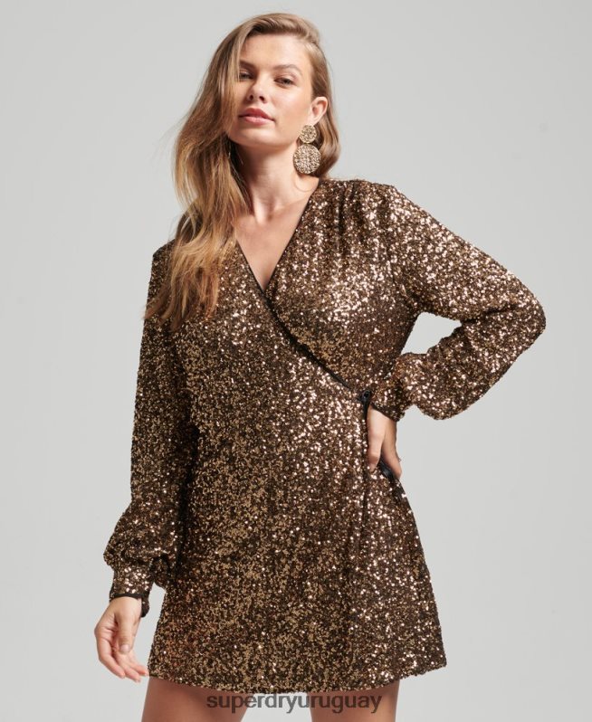 uy Superdry mujer vestido corto cruzado con mangas y lentejuelas oro DT2N8Z2447 ropa