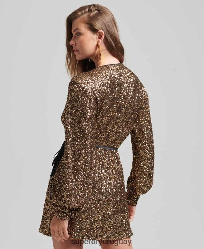 uy Superdry mujer vestido corto cruzado con mangas y lentejuelas oro DT2N8Z2447 ropa