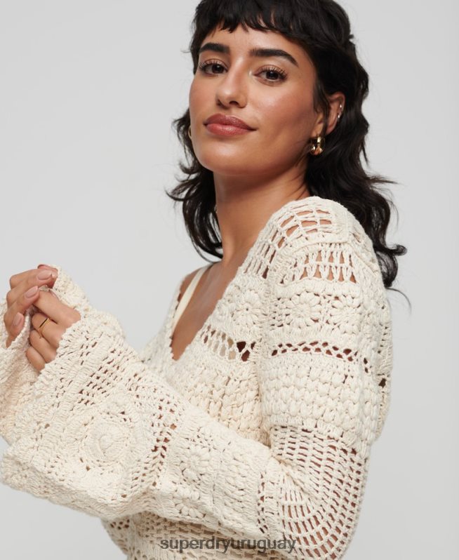 uy Superdry mujer vestido corto de crochet con mangas acampanadas crema DT2N8Z1957 ropa