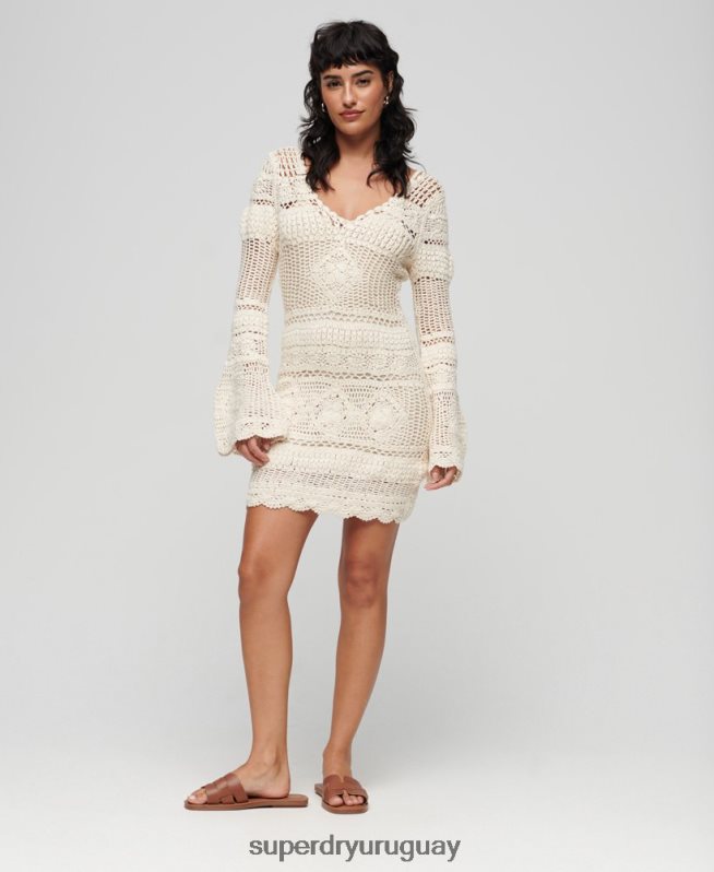 uy Superdry mujer vestido corto de crochet con mangas acampanadas crema DT2N8Z1957 ropa