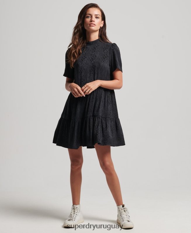 uy Superdry mujer vestido corto de manga corta a capas gris oscuro DT2N8Z6720 ropa