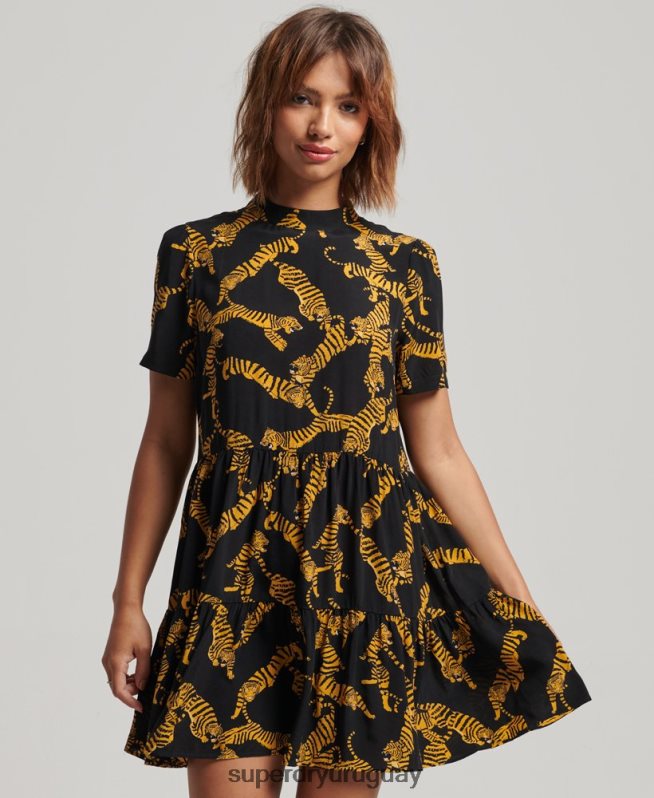 uy Superdry mujer vestido corto de manga corta a capas negro DT2N8Z2531 ropa