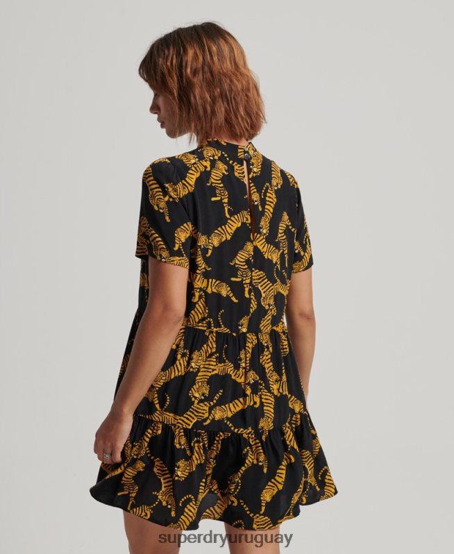 uy Superdry mujer vestido corto de manga corta a capas negro DT2N8Z2531 ropa