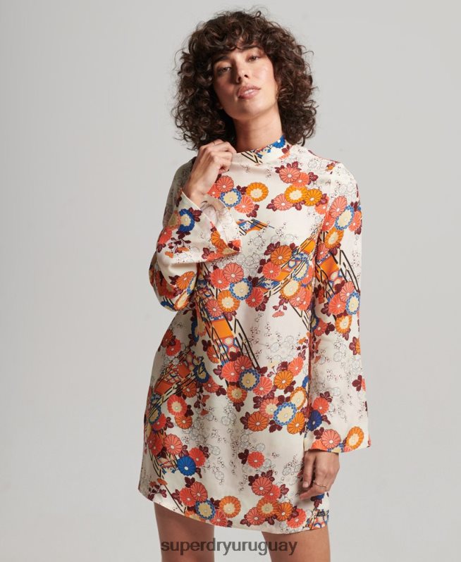 uy Superdry mujer vestido corto de manga larga estampado crema DT2N8Z2426 ropa