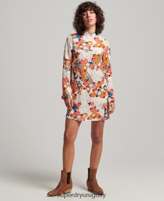 uy Superdry mujer vestido corto de manga larga estampado crema DT2N8Z2426 ropa
