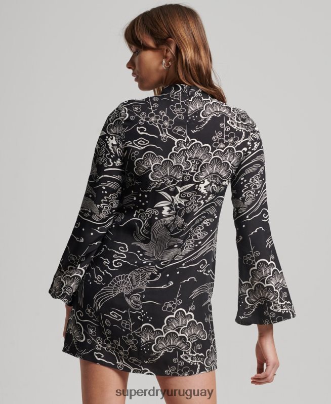 uy Superdry mujer vestido corto de manga larga estampado negro DT2N8Z2479 ropa