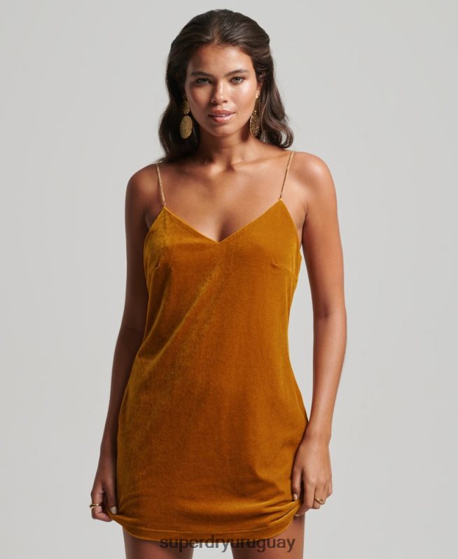 uy Superdry mujer vestido corto de terciopelo con correa de cadena amarillo DT2N8Z2245 ropa