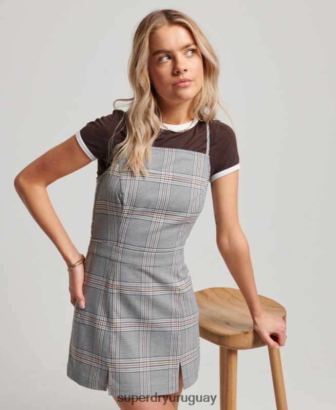 uy Superdry mujer vestido corto de tirantes a cuadros vintage gris DT2N8Z2475 ropa
