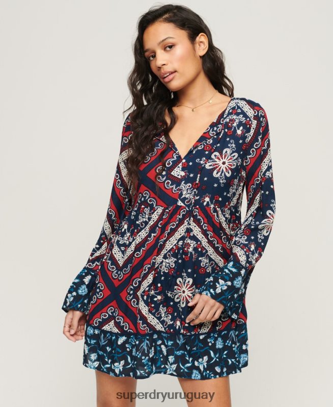 uy Superdry mujer vestido corto estilo años 60 con mangas acampanadas azul DT2N8Z2094 ropa