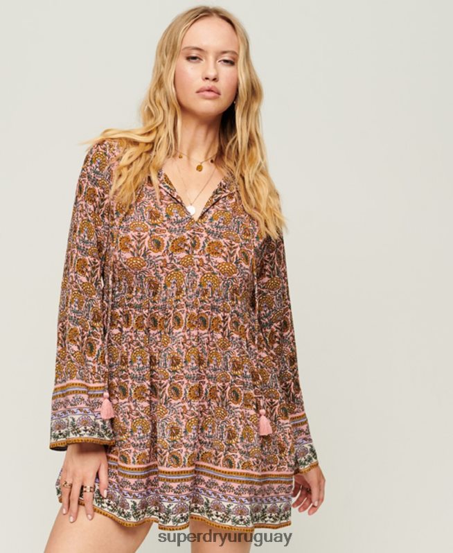 uy Superdry mujer vestido corto estilo años 60 con mangas acampanadas rosa DT2N8Z2080 ropa