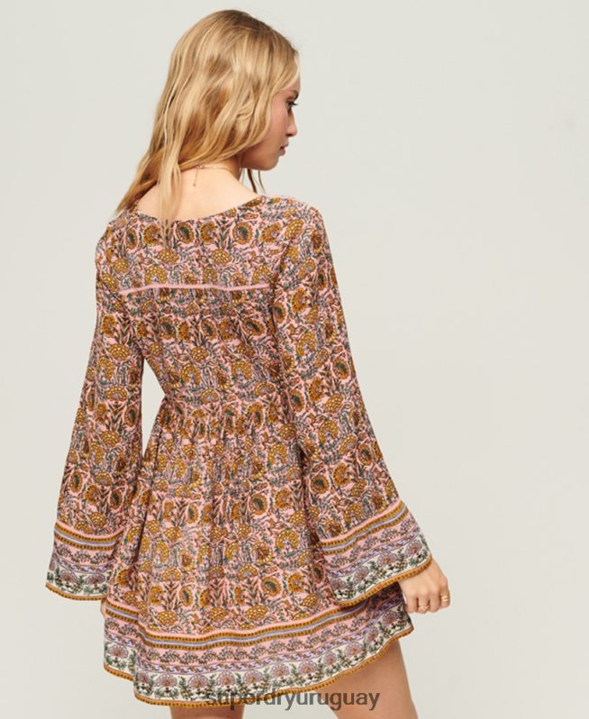 uy Superdry mujer vestido corto estilo años 60 con mangas acampanadas rosa DT2N8Z2080 ropa