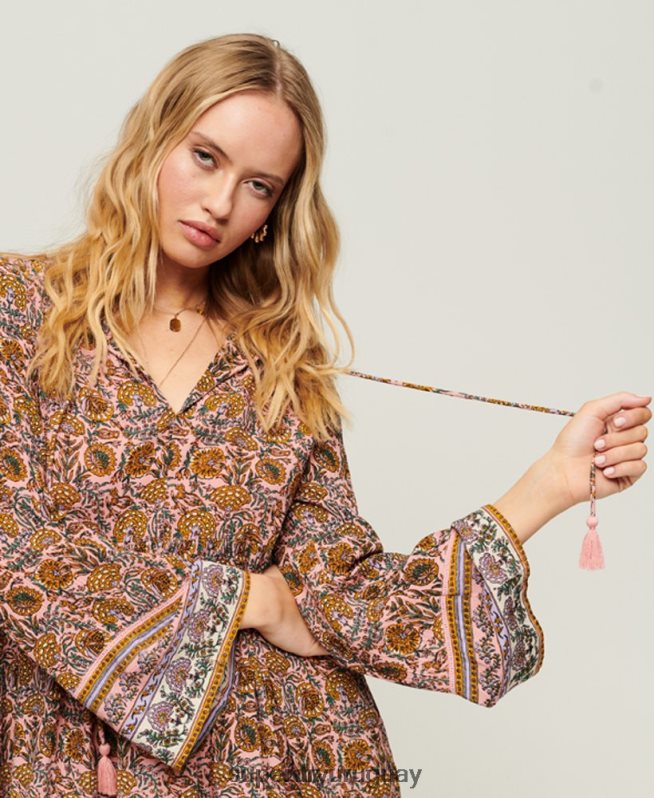 uy Superdry mujer vestido corto estilo años 60 con mangas acampanadas rosa DT2N8Z2080 ropa