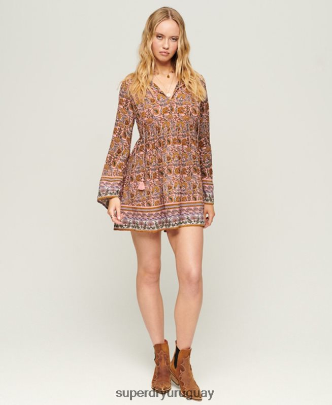 uy Superdry mujer vestido corto estilo años 60 con mangas acampanadas rosa DT2N8Z2080 ropa