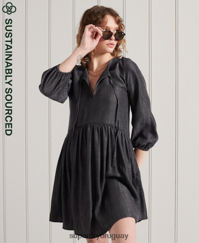uy Superdry mujer vestido de tencel manga larga negro DT2N8Z2549 ropa