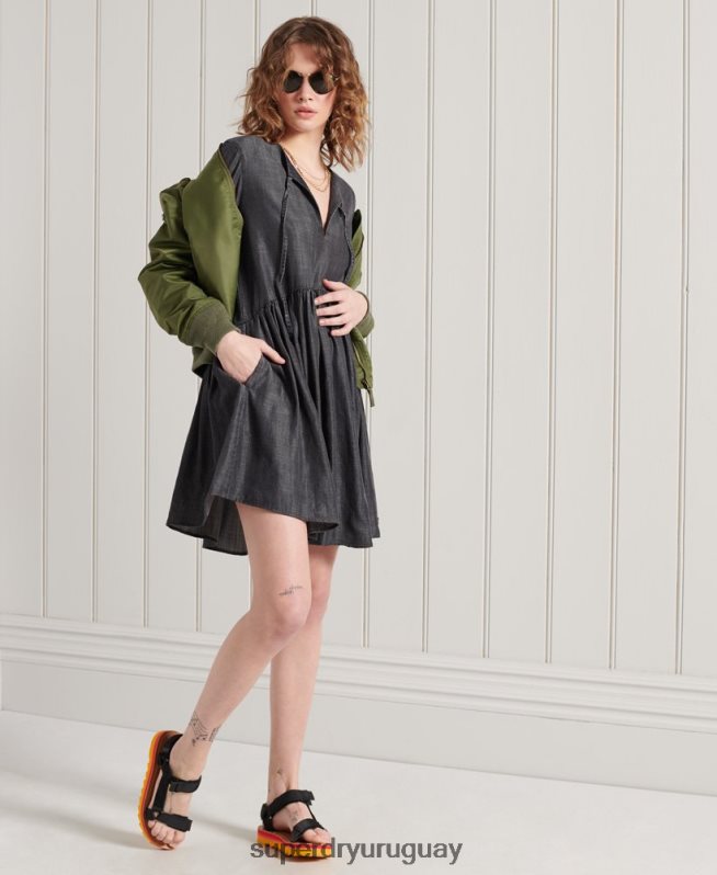 uy Superdry mujer vestido de tencel manga larga negro DT2N8Z2549 ropa