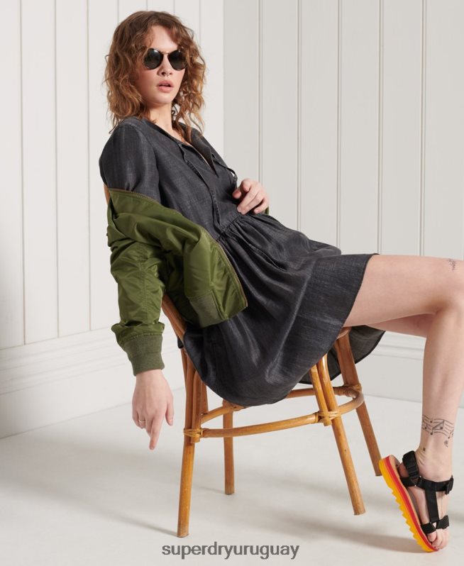 uy Superdry mujer vestido de tencel manga larga negro DT2N8Z2549 ropa