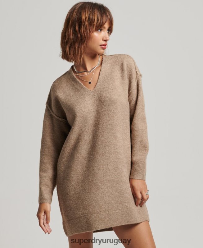 uy Superdry mujer vestido estilo jersey de punto con cuello en V beige DT2N8Z2421 ropa