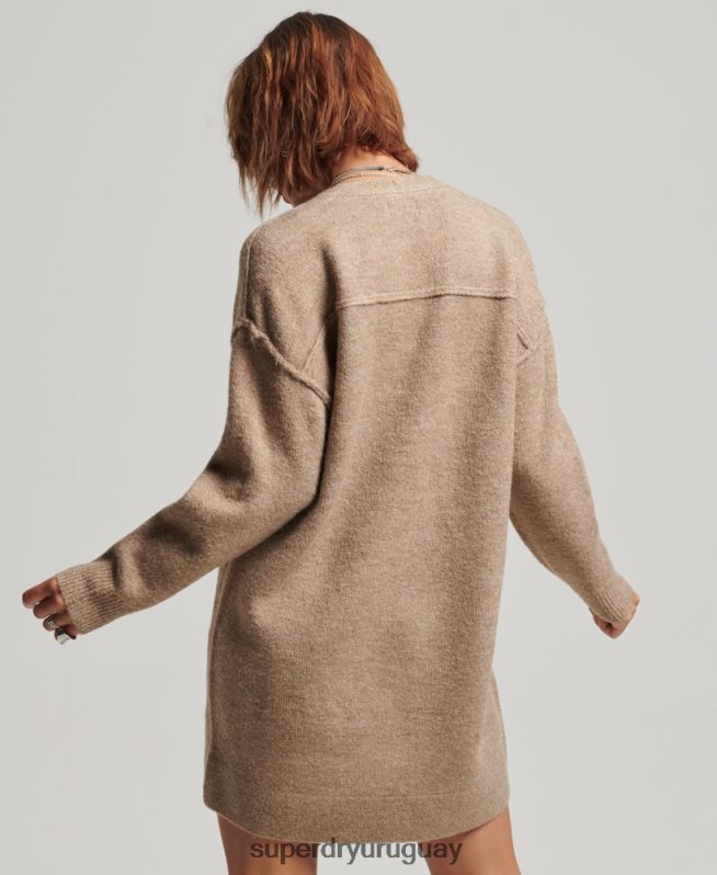 uy Superdry mujer vestido estilo jersey de punto con cuello en V beige DT2N8Z2421 ropa