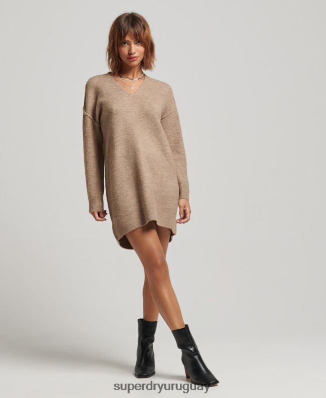 uy Superdry mujer vestido estilo jersey de punto con cuello en V beige DT2N8Z2421 ropa
