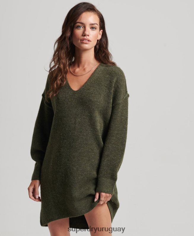 uy Superdry mujer vestido estilo jersey de punto con cuello en V caqui DT2N8Z2443 ropa
