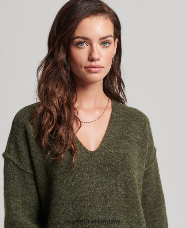 uy Superdry mujer vestido estilo jersey de punto con cuello en V caqui DT2N8Z2443 ropa