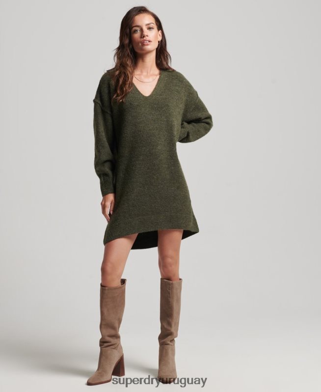 uy Superdry mujer vestido estilo jersey de punto con cuello en V caqui DT2N8Z2443 ropa