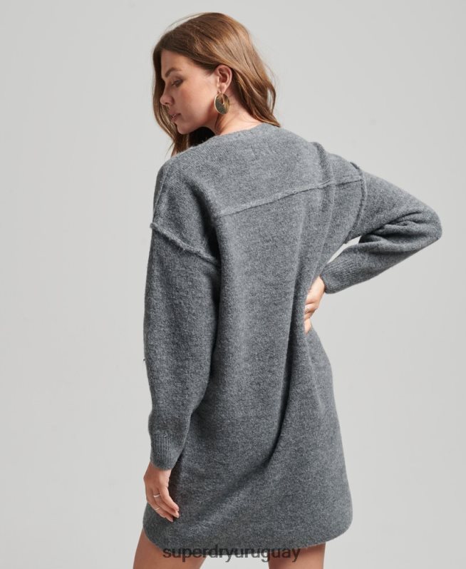 uy Superdry mujer vestido estilo jersey de punto con cuello en V gris oscuro DT2N8Z2442 ropa