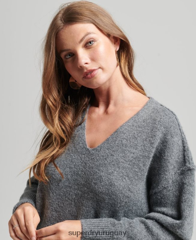 uy Superdry mujer vestido estilo jersey de punto con cuello en V gris oscuro DT2N8Z2442 ropa