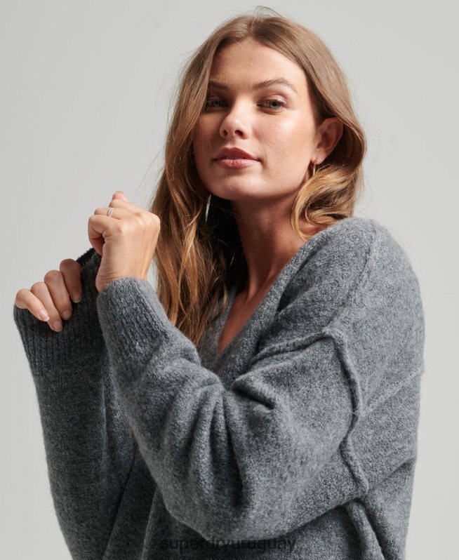 uy Superdry mujer vestido estilo jersey de punto con cuello en V gris oscuro DT2N8Z2442 ropa