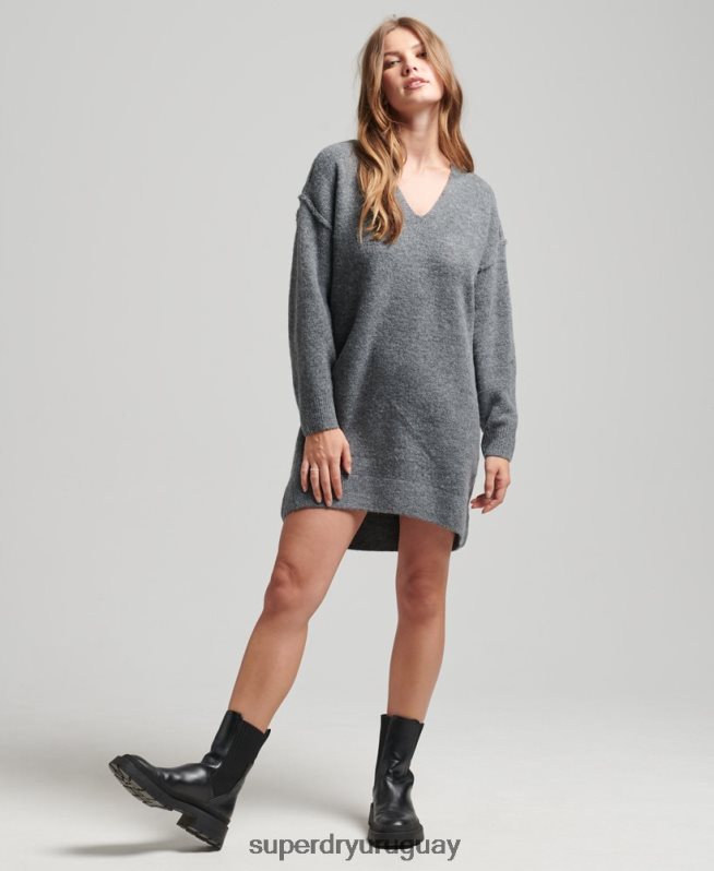 uy Superdry mujer vestido estilo jersey de punto con cuello en V gris oscuro DT2N8Z2442 ropa