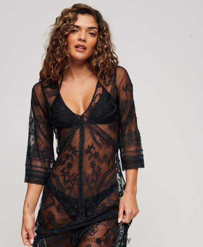 uy Superdry mujer vestido largo de encaje para cubrir la playa negro DT2N8Z2272 ropa