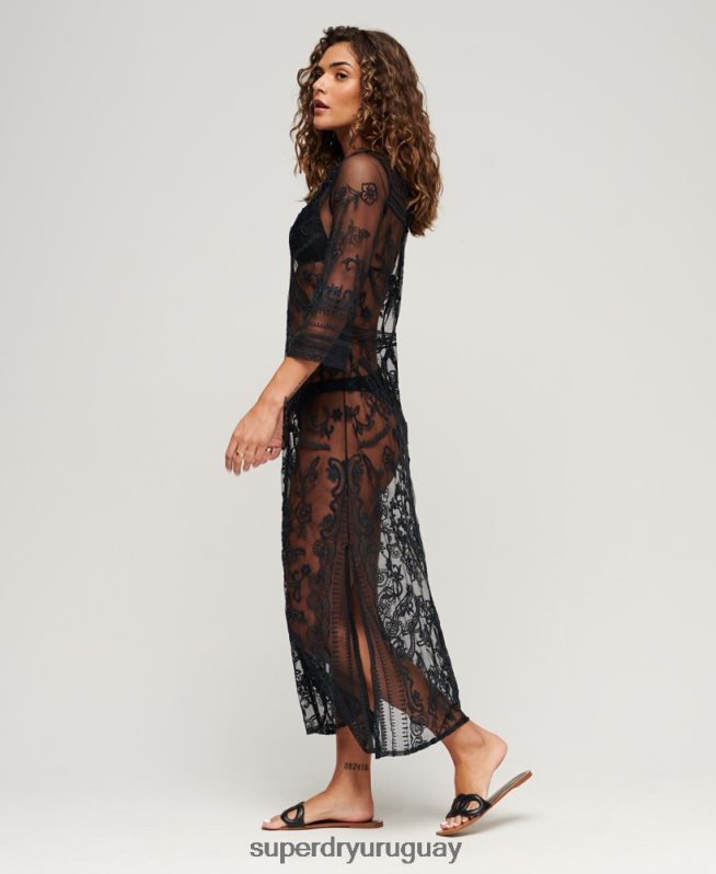 uy Superdry mujer vestido largo de encaje para cubrir la playa negro DT2N8Z2272 ropa