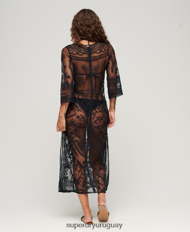 uy Superdry mujer vestido largo de encaje para cubrir la playa negro DT2N8Z2272 ropa