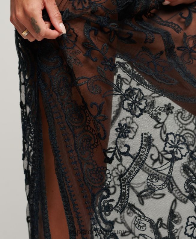 uy Superdry mujer vestido largo de encaje para cubrir la playa negro DT2N8Z2272 ropa