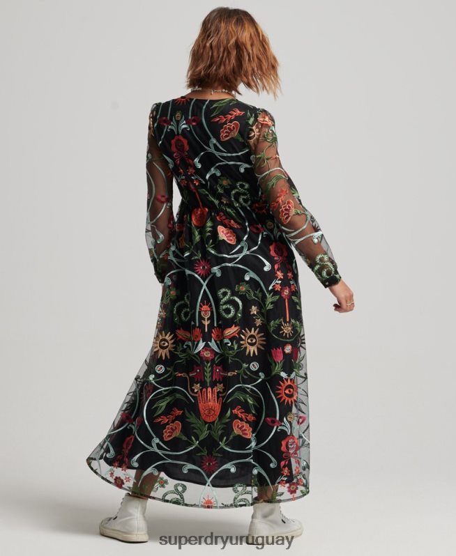 uy Superdry mujer vestido largo de malla de manga larga negro DT2N8Z2414 ropa
