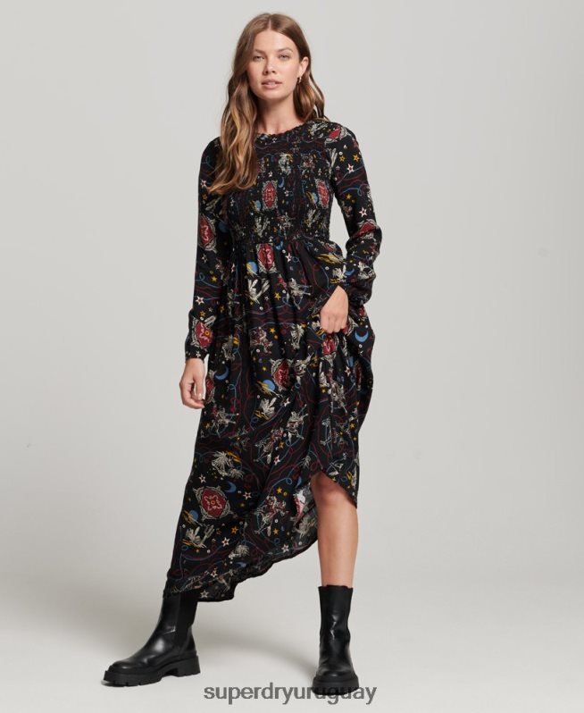 uy Superdry mujer vestido largo fruncido negro DT2N8Z6718 ropa