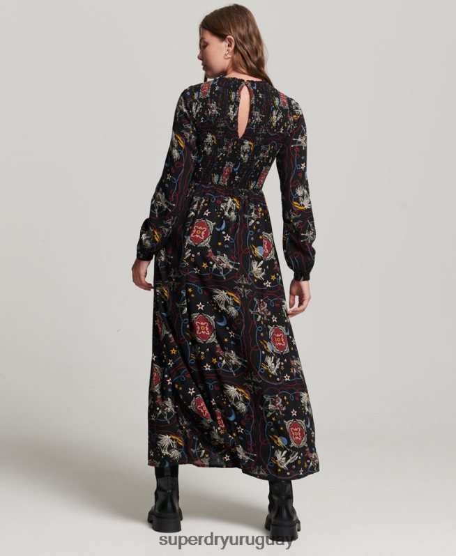 uy Superdry mujer vestido largo fruncido negro DT2N8Z6718 ropa