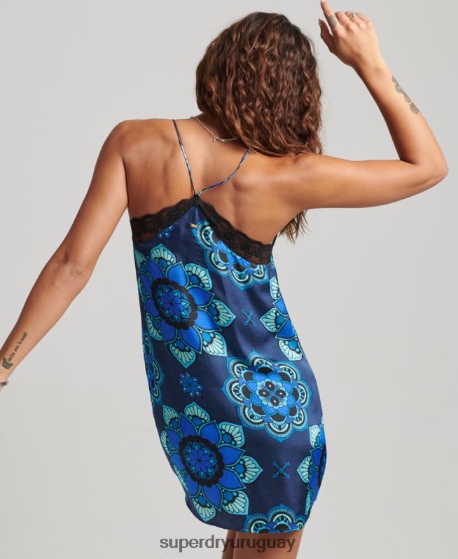 uy Superdry mujer vestido lencero de satén con ribete de encaje azul DT2N8Z2510 ropa
