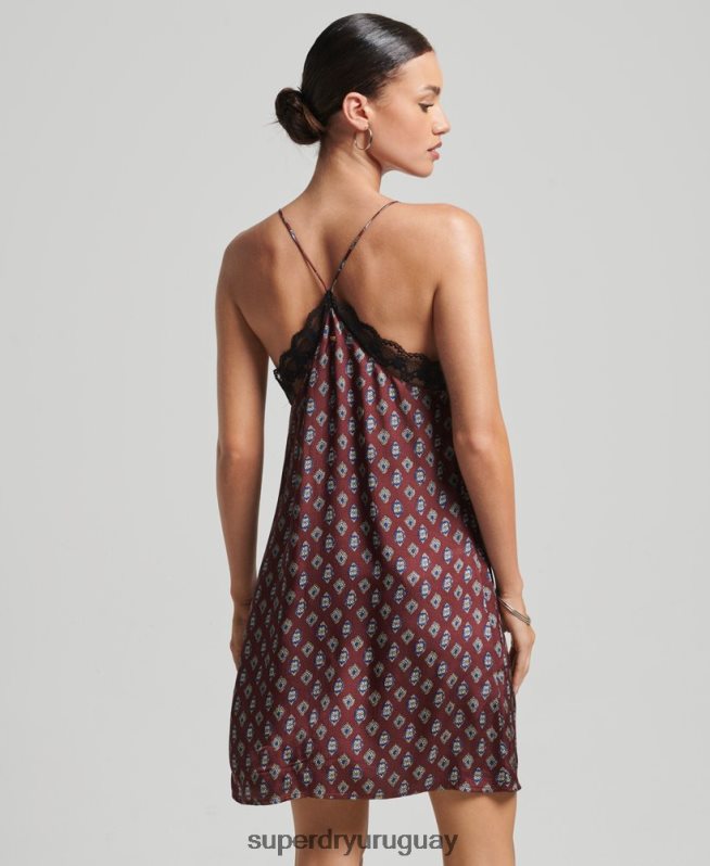 uy Superdry mujer vestido lencero de satén con ribete de encaje rojo DT2N8Z2524 ropa