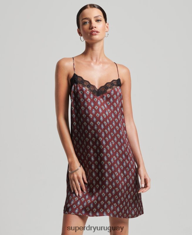 uy Superdry mujer vestido lencero de satén con ribete de encaje rojo DT2N8Z2524 ropa