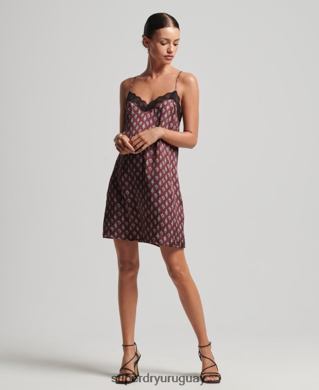 uy Superdry mujer vestido lencero de satén con ribete de encaje rojo DT2N8Z2524 ropa