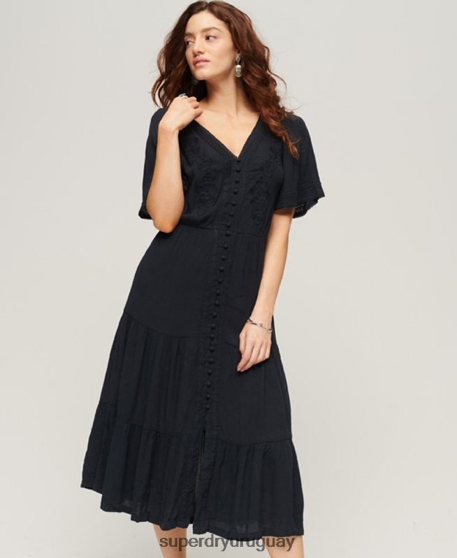 uy Superdry mujer vestido midi con capas bordadas Armada DT2N8Z2236 ropa
